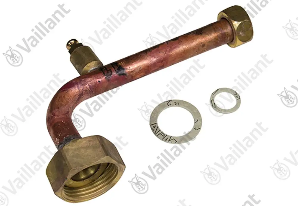 Kupferrohr mit zwei gewindeenden Verschraubungen, in gebogener Form. Vaillant-Komponente, geeignet für Heizungsanwendungen. Zwei Unterlegscheiben liegen bei.
